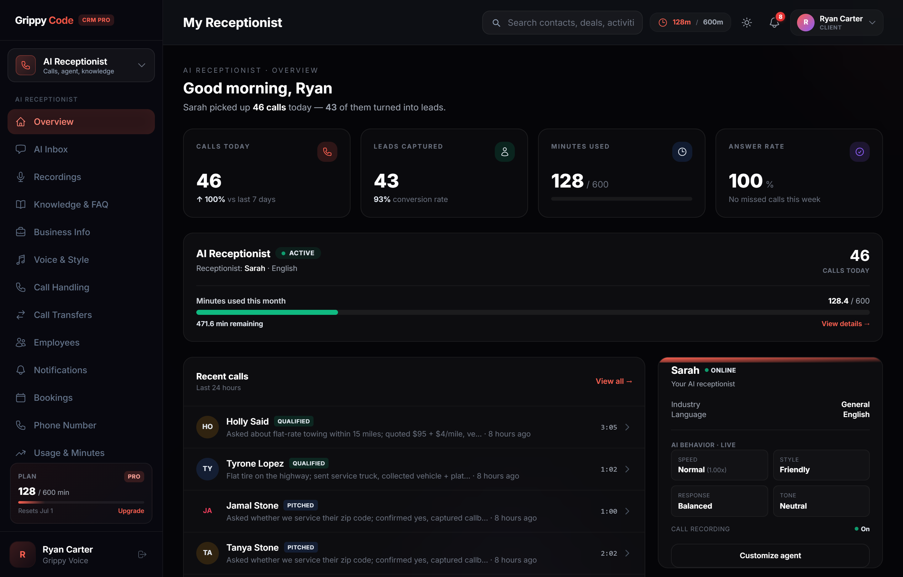 Grippy Code CRM — live AI Receptionist dashboard